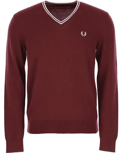 Fred Perry Authentic Classic V-neck Sweater Burgundy, White & Ice - Red