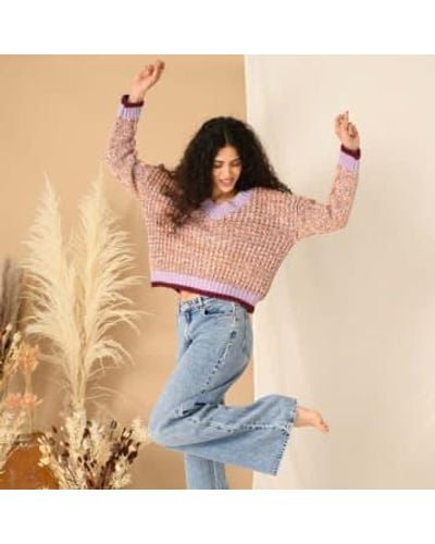 Cara & The Sky Amy V-neck Cable Sweater Rust, Lilac L - Blue