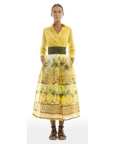 Sara Roka Yellow Silk Organza Pineapple Printed Jemma 90 Dress