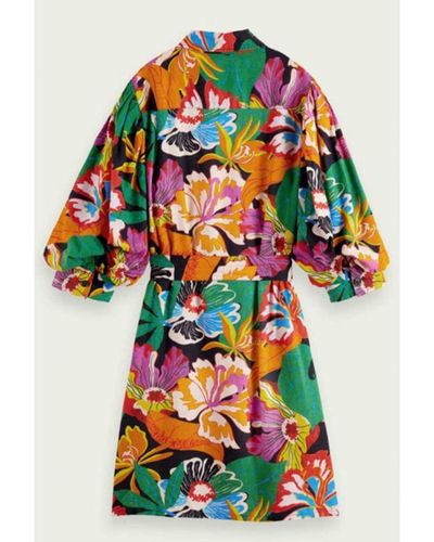 Maison Scotch Puff Sleeve Midi Linen Dress Floral 34 - Multicolor