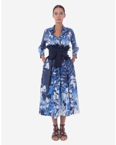 Sara Roka Elenat Abstract Floral Midi Dress With Belt Col: 190 /wh - Blue