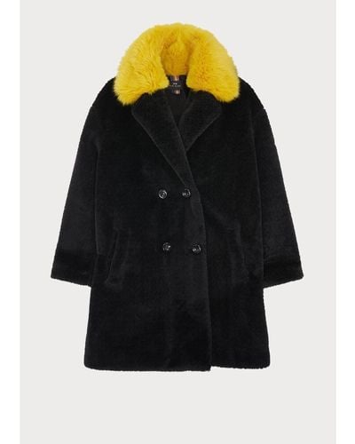 Paul Smith Black Textured Faux Fur Coat With Yellow Collar