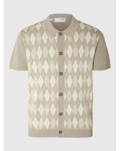 SELECTED Argyle Knitted Cardigan Polo - Natural