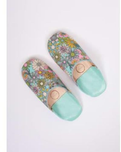 Bohemia Designs Margot Floral Leather Slippers Blue Floral - Bianco