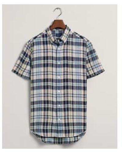 GANT Regular Fit Linen Madras Short Sleeve Shirt In 3230091 410 - Blu