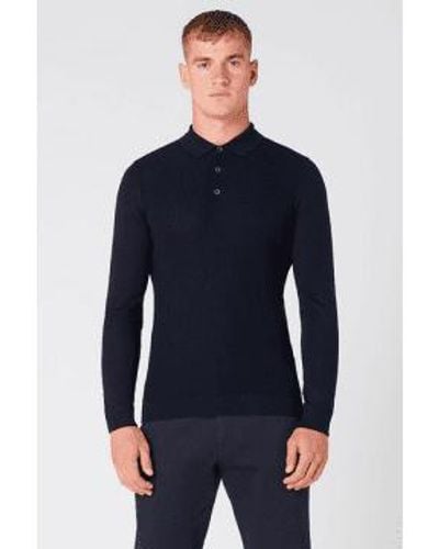Remus Uomo Navy Merino Wool Blend Long Sleeve Knitted Polo Shirt - Blu