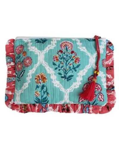 Powell Craft Block Printed Turquoise & Pink Floral Quilted Make Up Bag Cotton - Blue