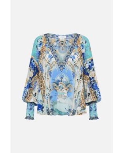 Camilla Vistas vesuvio shirred puff blouse tamaño: m, col: azul multi