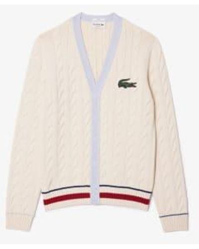 Lacoste And Light Blue Organic Cotton Cable Knitted Unisex Jacket With V Neck - Bianco