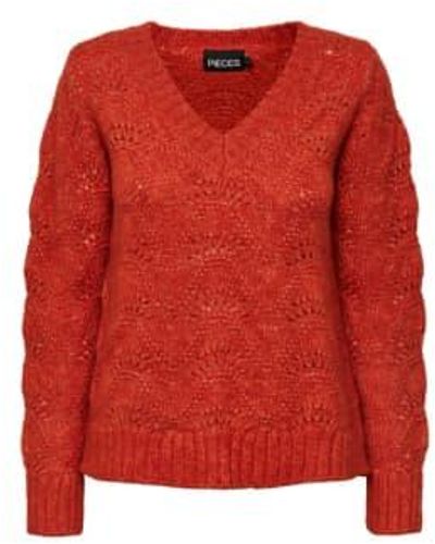 Pieces Bibbi Knitted V Neck Sweater S - Red