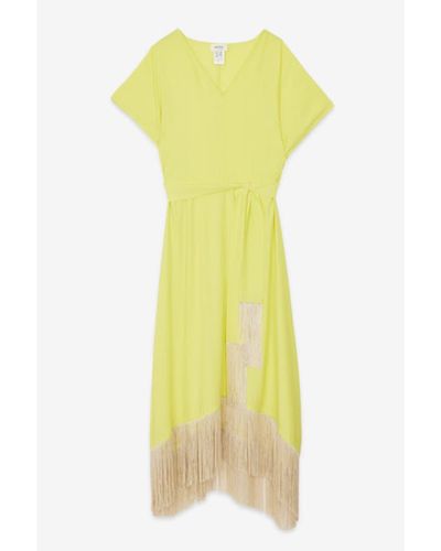 Ottod'Ame Lime Silk Fluid Maxi Dress With Tassels - Yellow