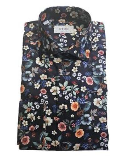 Eton Navy Contemporary Fit Floral Print Signature Twill Shirt 10001099129 - Black