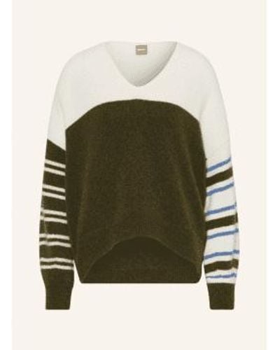 BOSS Fondy V Neck Block Color Stripe Sweater Col: 967 Multi L - Green