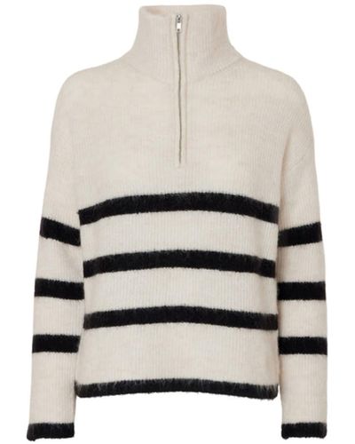 SELECTED Striped Sweater With Half Zip - White