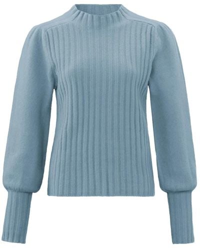 Yaya Ribbed Jumper With High Neck & Long Puff Sleeves -beauty Blue