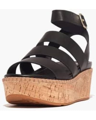Fitflop Eloise Leather/cork Strappy Wedge Sandal - Black