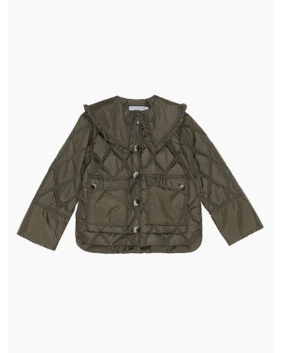 Ganni Ripstop Quilted Frill Collar Jacket - Green