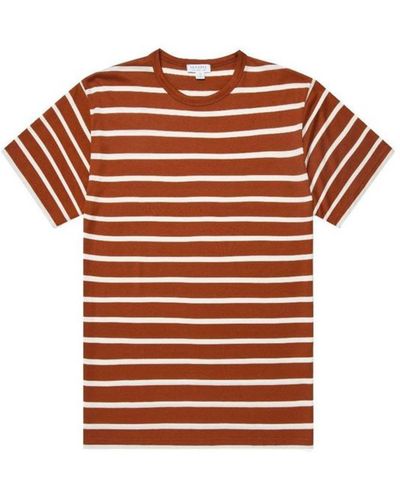 Sunspel Classic Cotton Breton Stripe T Shirt Spice Ecru - Red
