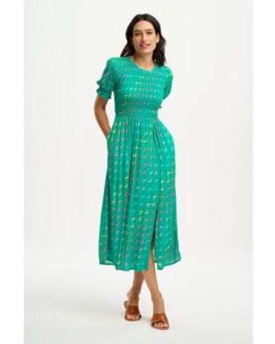 Sugarhill Rosita Midi Shirred Dress Undulating Waves - Verde