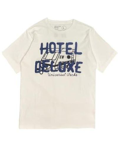 Universal Works Hotel Deluxe Print -T -Shirt in ECRU - Blau