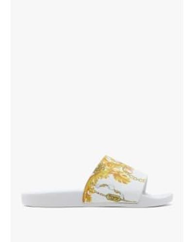 Versace Womens Chain Print Fondo Shelley Couture Slides In Gold - Bianco