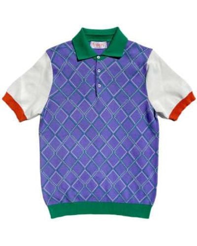Fresh Argyle Extra Fine Crepe Cotton Knitted Polo In - Blu