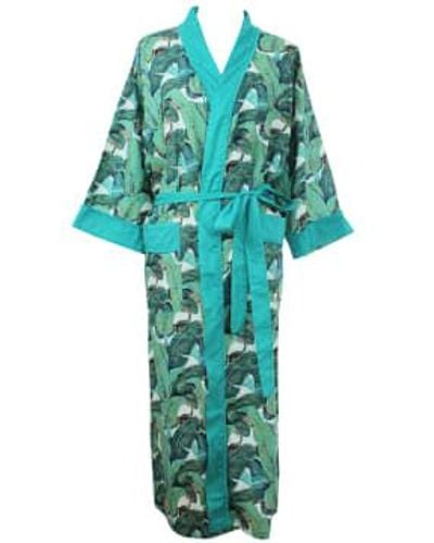Powell Craft Ladies Leaf Print Cotton Dressing Gown - Blu