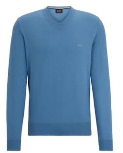 BOSS Pacello Light Pastel V-neck Cotton Sweater 50506042 459 S - Blue