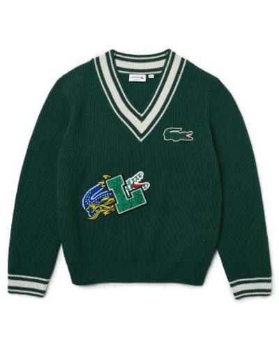 Lacoste Holiday striped v-neck sweater comic book effect badge - Verde