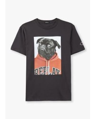 Replay Herrenklassiker mops-print-t-shirt in fast schwarz