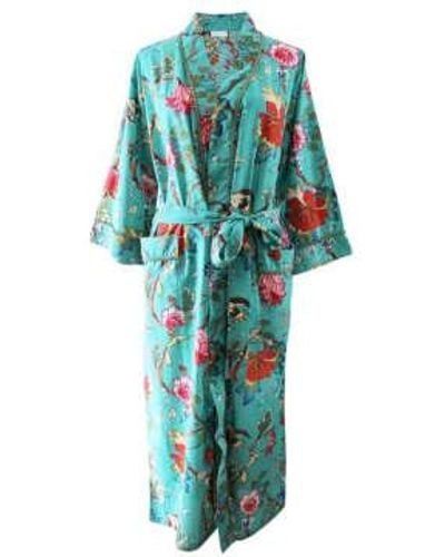 Powell Craft Ladies Exotic Flower Print Cotton Dressing Gown - Blu