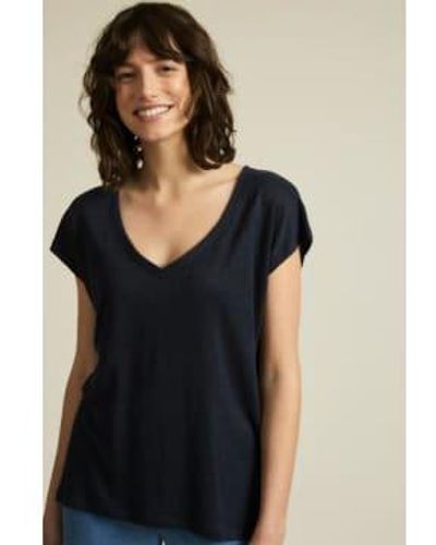 Lanius Camisa lino con cuello en v azul marino - Negro