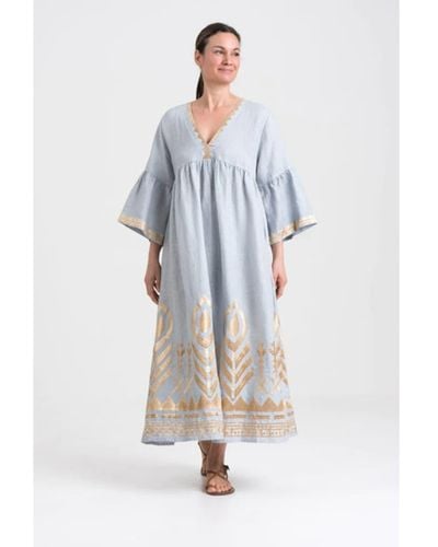 Greek Archaic Kori Bell Sleeve Long Feather Dress Greygold - Blu