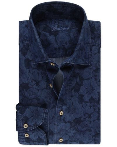 Stenströms Slimline Navy Blue Casual Floral Denim Shirt 7747218695821