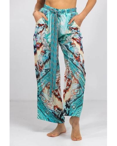 Inoa Gold Coast Print Fashion Silk Slouch Turquoise Pants - Blue
