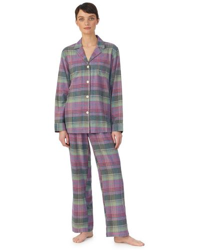 Ralph Lauren Lila karierter Pyjama aus gebürstetem Twill - Blau
