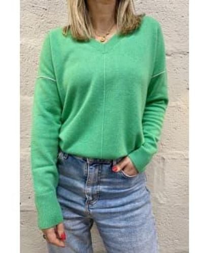 Kinross Cashmere Piped Easy Vee Sweater - Verde