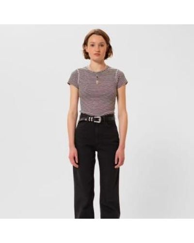 Nudie Jeans Eve Striped Slub T Shirt Ecru - Black