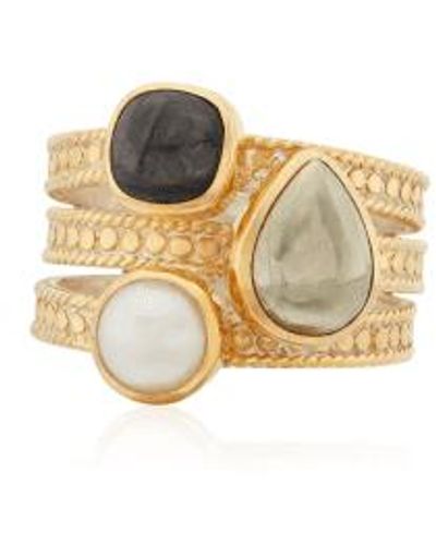 Anna Beck Hypersthene, Pyrite & Pearl Faux Stacking Ring Plated / 7 - Metallic