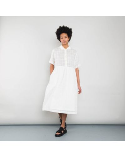 Folk Short Sleeved Loom Dress Natural Windowpane Check - White