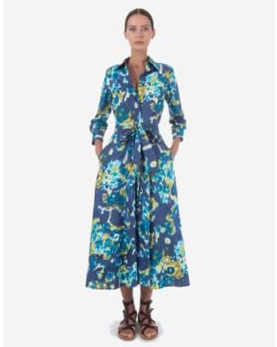 Sara Roka Davida Abstract Print Midi Dress With Belt Col 501 Si - Blu