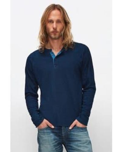 7 For All Mankind Mid Cotton Textured Cotton Henley Long Sleeved Tee - Blu