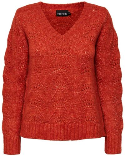 Pieces Bibbi Knitted V Neck Sweater - Red