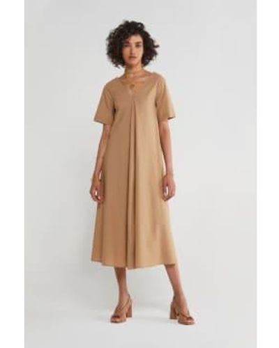 Ottod'Ame Poplin Cotton V Neck Dress With Pleats Caramello 42 - Brown