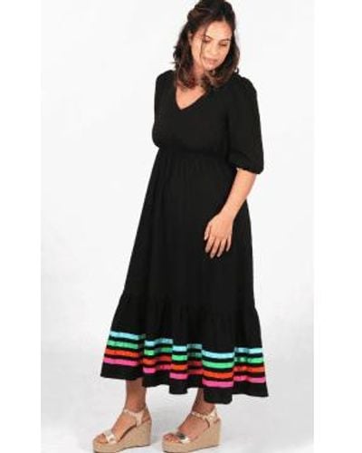 MSH V-neck Puff Sleeve Tiered Ribbon Stripe Cotton Maxi Dress - Black