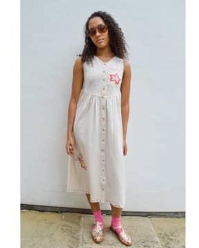 Native Youth Floral Embroidery Cream Dress Xs - White