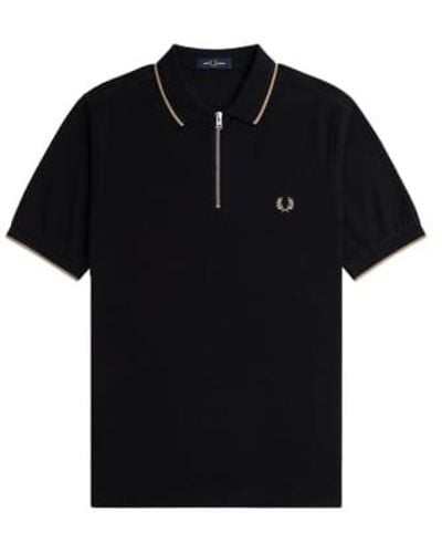Fred Perry Crepe Pique Zip Neck Polo Small - Black