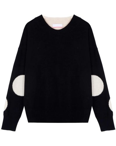 Cocoa Cashmere Black And Cream Jett Spot V Neck Cashmere Sweater