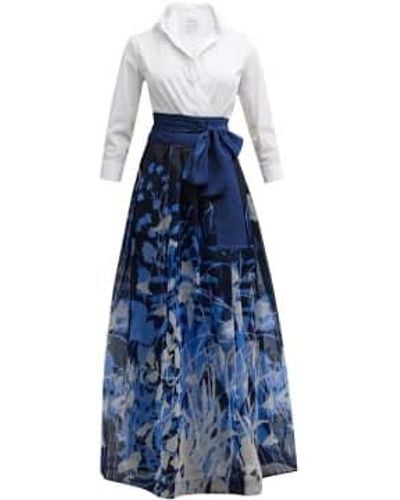 Sara Roka Jinny Long Dress Shirt With Navy Print Skirt - Blu