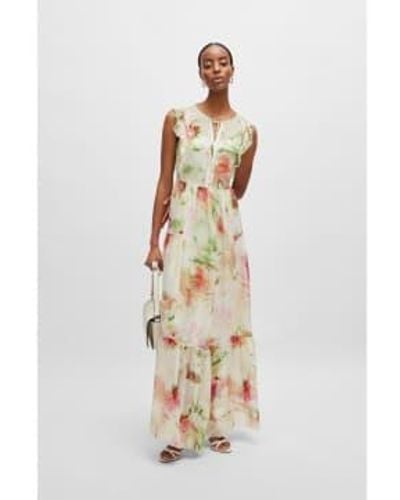 BOSS Dacrina Floral Frill Detail Maxi Dress Col Multi Size 12 - Bianco